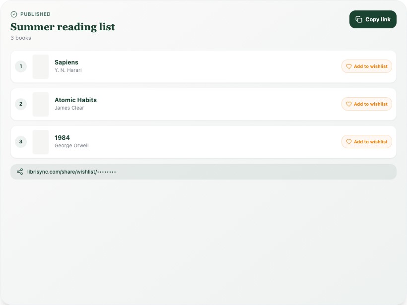 Vista previa de Librisync para compartir una lista de deseos con libros seleccionados y un enlace público